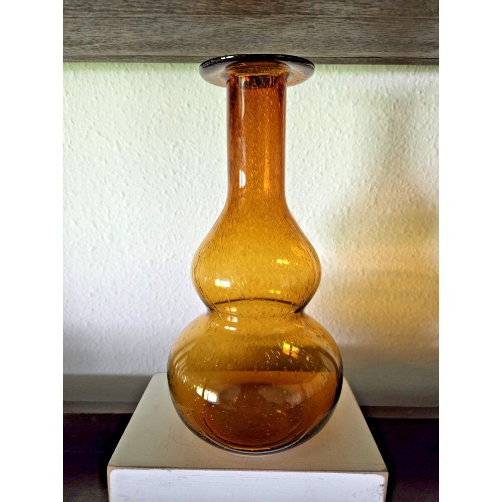 Vintage Empoli 1950's 9.5" Hand Blown Amber Honey Italian Bubble Double Gourd